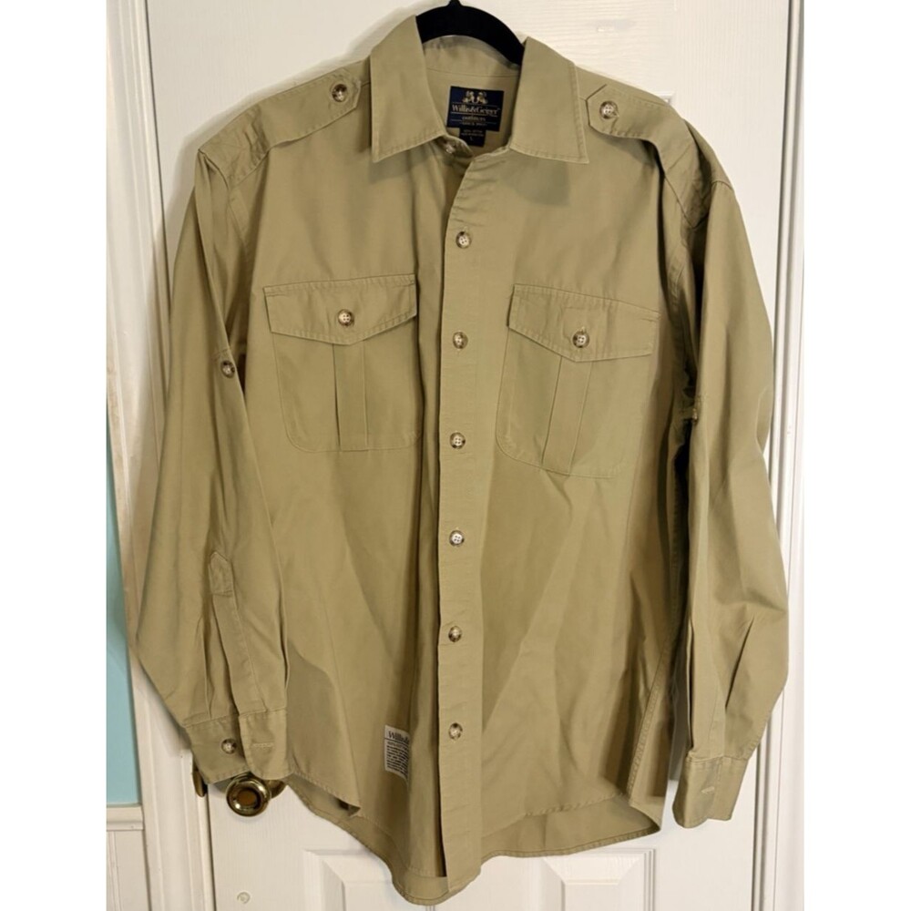 Vintage Willis & Geiger Bush Poplin Safari Shirt Men's L Khaki Epaulets Cotton